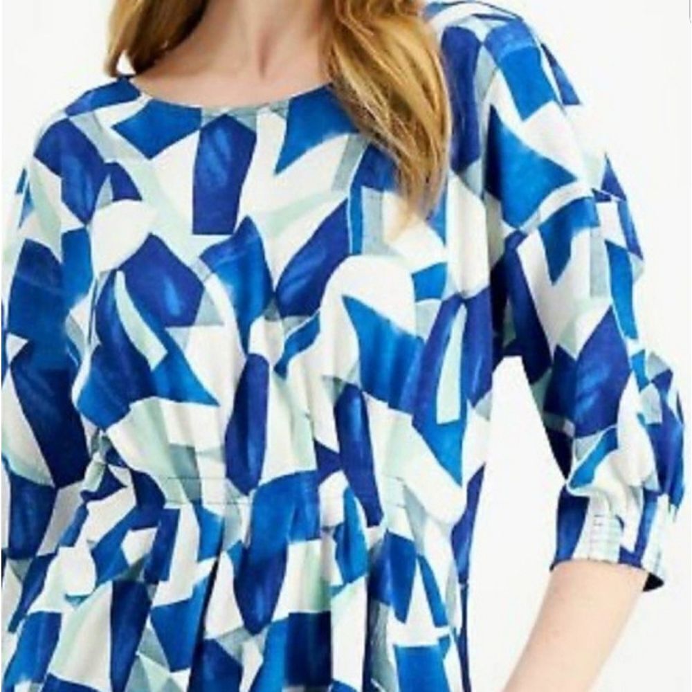 Alfani Top Blue White Green Art Deco Large